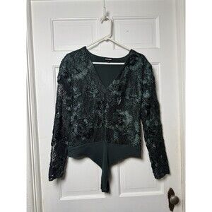 Express Green Floral Lace Long Sleeve Bodysuit Women’s Size M Holiday